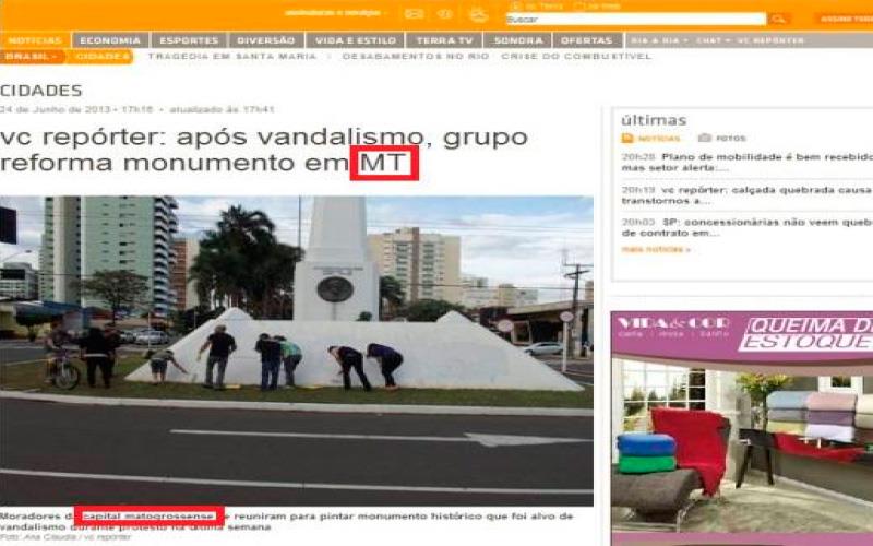 Vc repórter: após vandalismo, grupo reforma monumento em MT